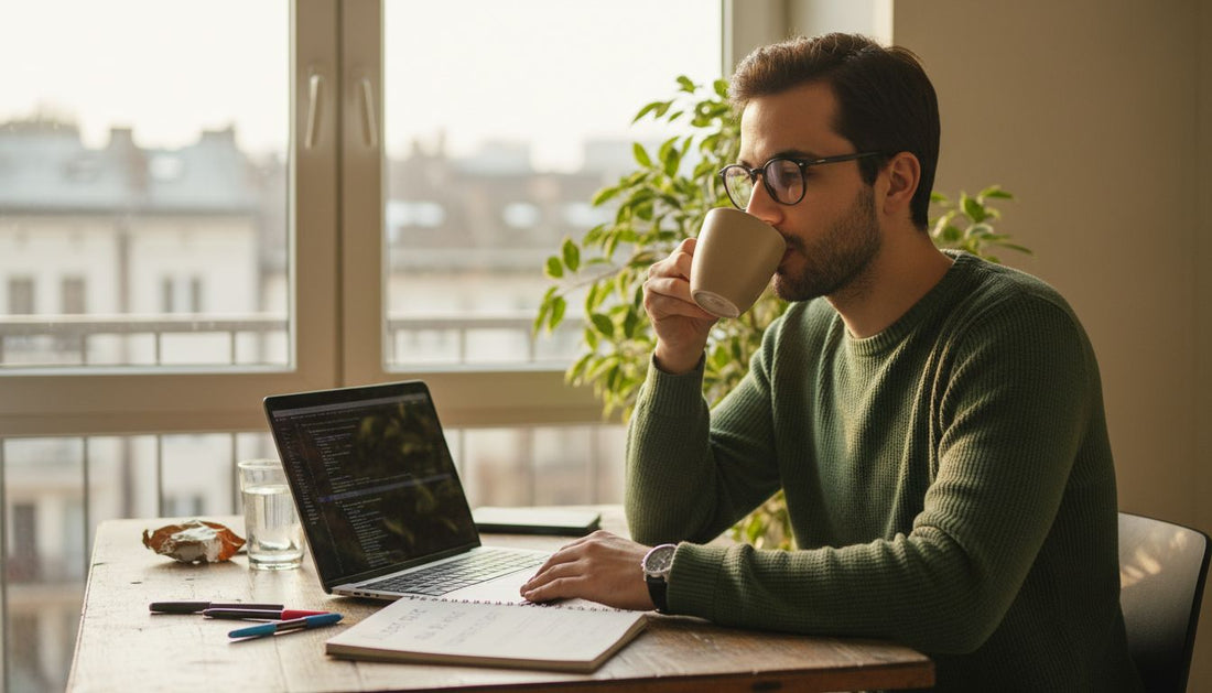 Мъж с чаша кафе работи на бюрото си.