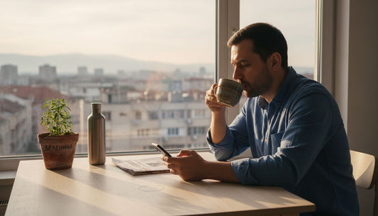 Мъж се наслаждава на чаша здравословно кафе, докато слънчевите лъчи огряват масата му.