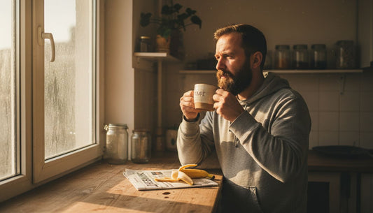 Мъж се наслаждава на сутрешното си кафе до прозореца в кухнята.