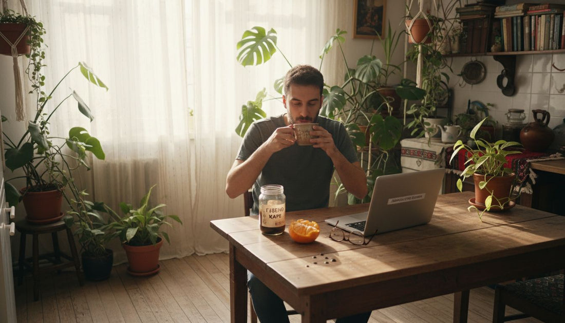 Мъж се наслаждава на чаша полезно кафе у дома, седнал на кухненската маса.