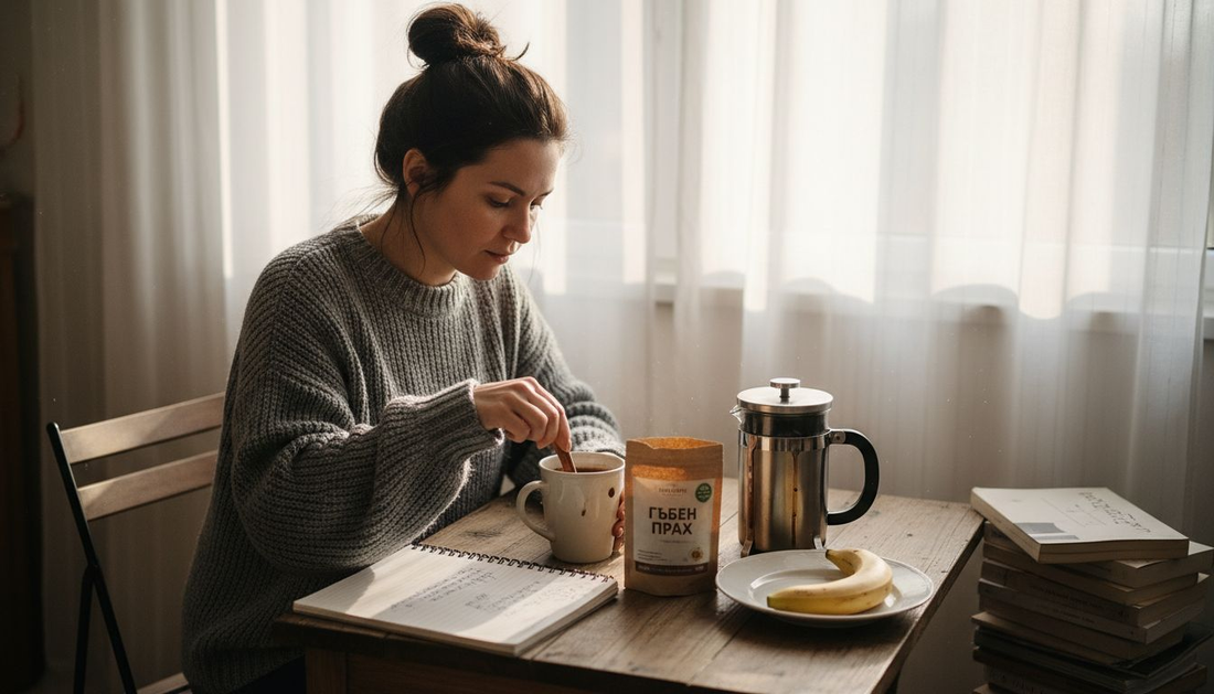 Жена приготвя здравословно кафе на слънчевата маса в кухнята си.