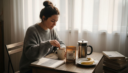 Жена приготвя здравословно кафе на слънчевата маса в кухнята си.
