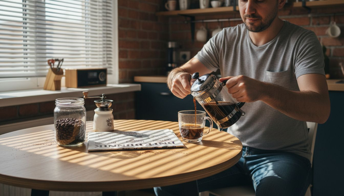 Мъж си приготвя ароматно кафе с добавки на кухненската маса у дома.