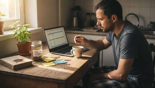 Мъж си приготвя специално кафе с добавки за ума на кухненската маса.