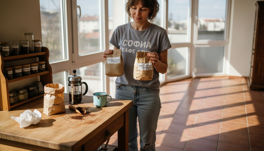 Жена избира здравословно кафе в кухнята си, като внимателно преглежда различни варианти и се старае да направи най-добрия избор за своето здраве.