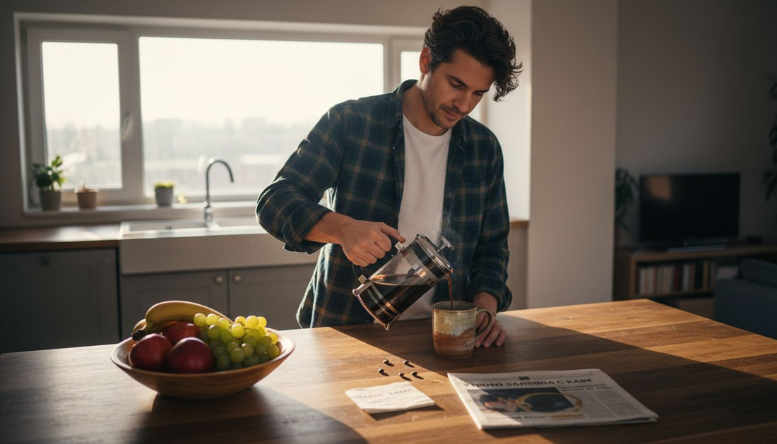 Мъж си приготвя кафе в слънчева домашна кухня.