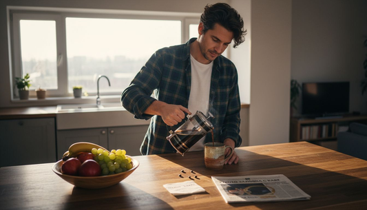 Мъж си приготвя кафе в слънчева домашна кухня.