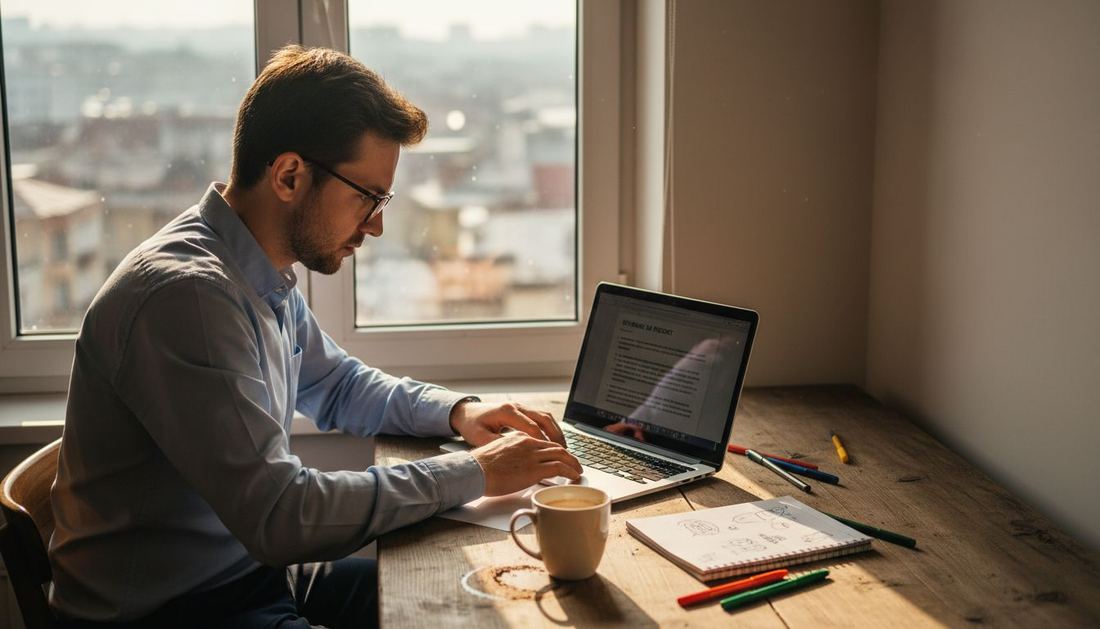 Мъж се е съсредоточил върху работата си на бюрото, с чаша кафе до себе си.