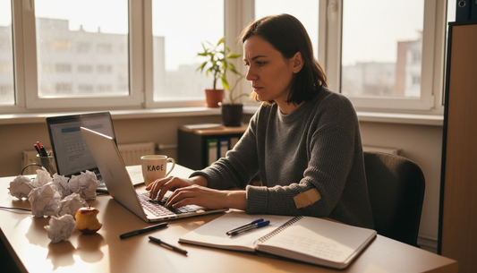 Рано сутрин една жена е напълно съсредоточена в работата си на бюрото в офиса.