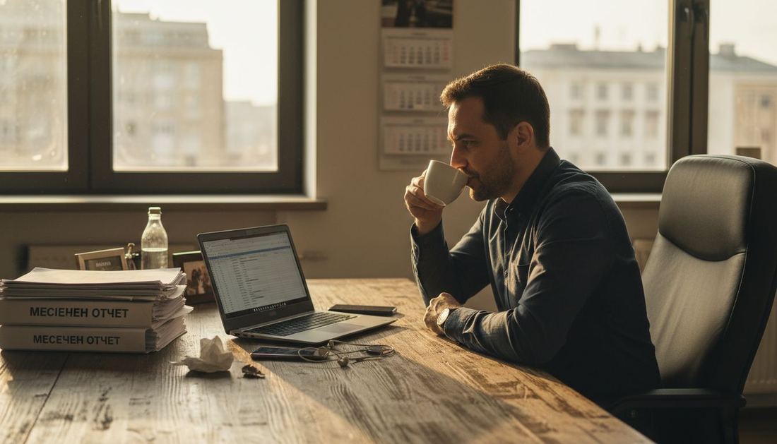 Служител в офиса си отпива от чаша кафе, заобиколен от купища документи и разхвърляни бележки по бюрото.