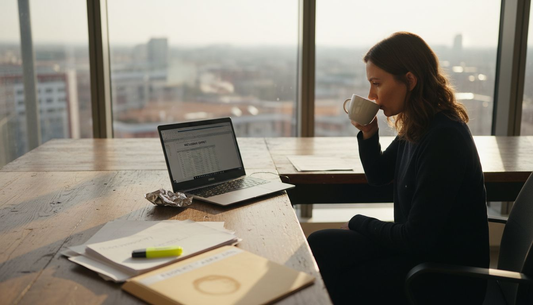 Млада жена се е съсредоточила върху работата си на бюрото, докато отпива от чаша кафе.