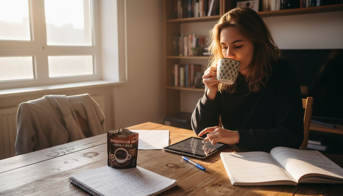 Студент учи със свежа чаша функционално кафе в светлия си, слънчев апартамент.