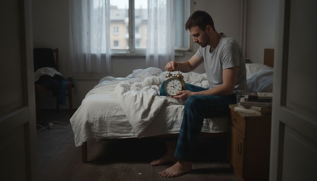 Мъж настройва алармата си преди сън в уютната си спалня.