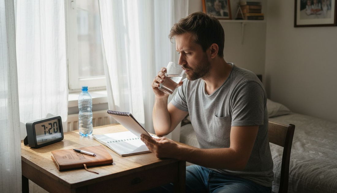 Мъж седи на бюрото си и чете, докато сутрешната светлина нежно озарява стаята.