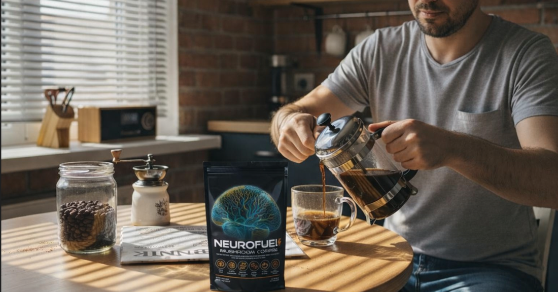 Мъж си приготвя ароматно кафе с добавки на кухненската маса у дома.