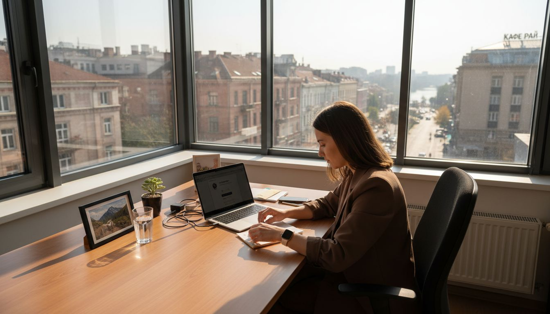 Жена подрежда работното си място, за да създаде спокойна атмосфера и да се съсредоточи по-лесно.