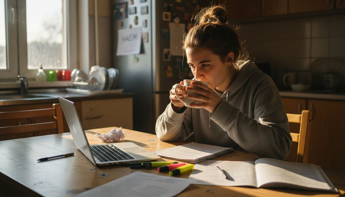 Студентът отпива глътка кафе, докато подрежда учебните си записки и се подготвя за следващия изпит.