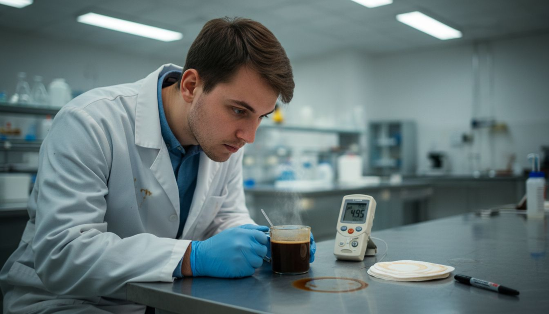Лабораторен специалист измерва киселинността на кафето.