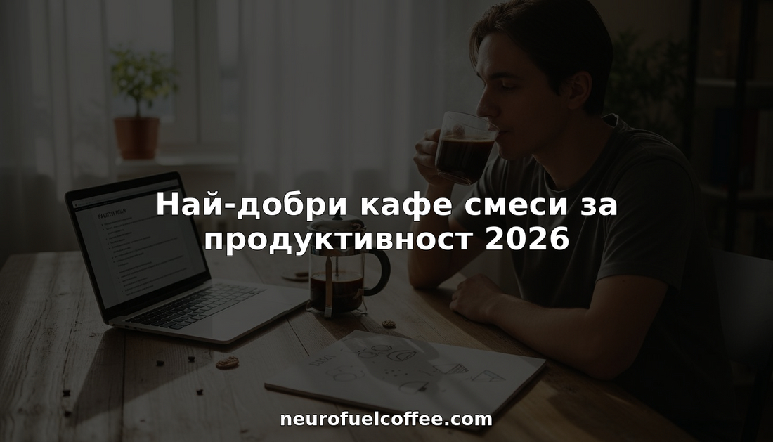 Млад човек отпива кафе на бюрото си, огрян от слънчева светлина.