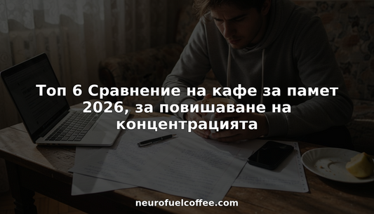 Студент се подготвя за изпит, заобиколен от учебници, тетрадки и чаша кафе на разхвърляната си маса.