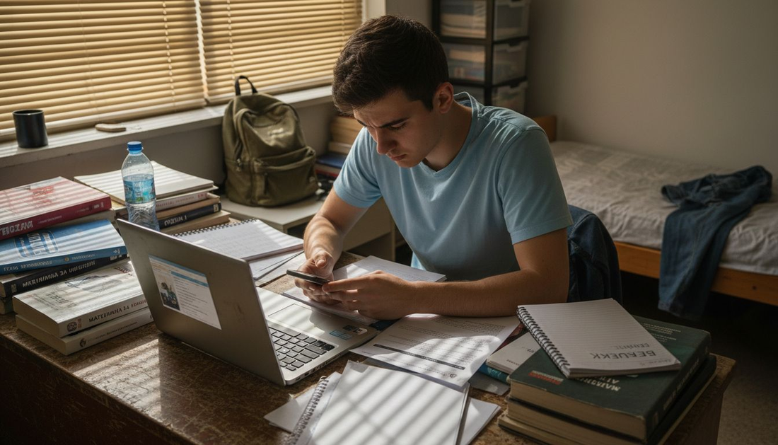 Студент, който се опитва да учи на разхвърляното си бюро в общежитието, но мислите му постоянно се разсейват.