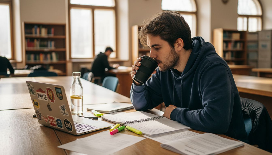 Студентът е седнал на масата, отпива от чаша кафе и преглежда учебните си материали.