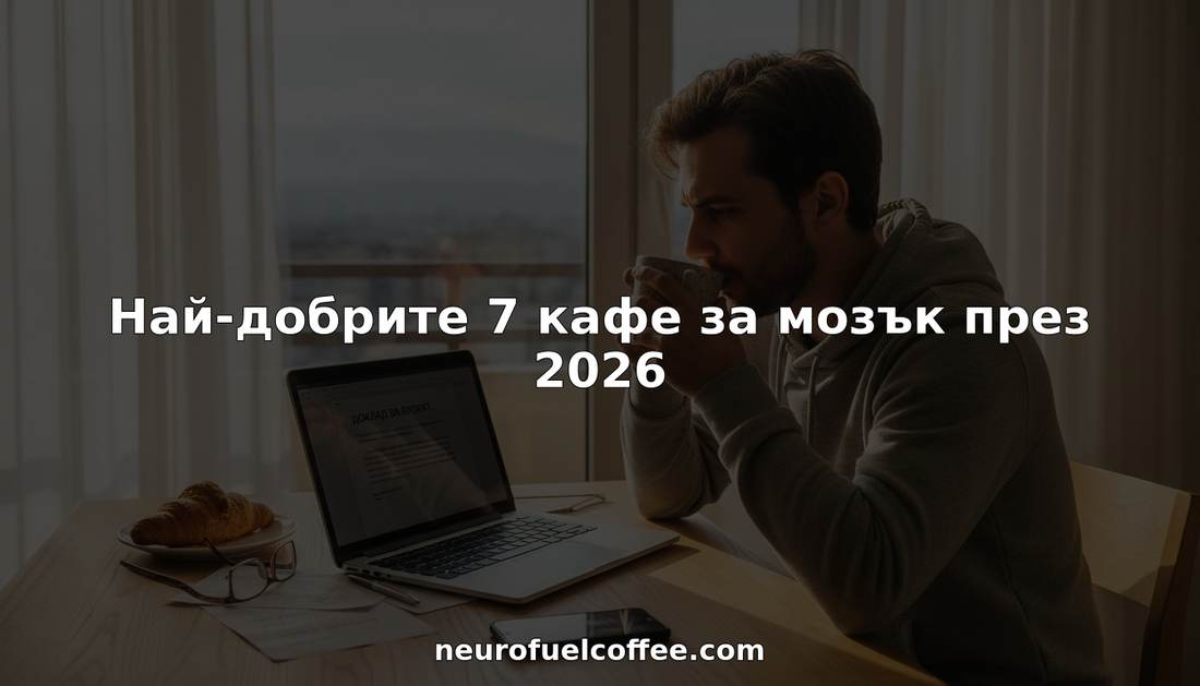 Млад мъж се наслаждава на чаша кафе, докато работи на маса, огряна от слънчеви лъчи.