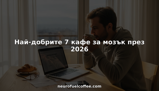 Млад мъж се наслаждава на чаша кафе, докато работи на маса, огряна от слънчеви лъчи.