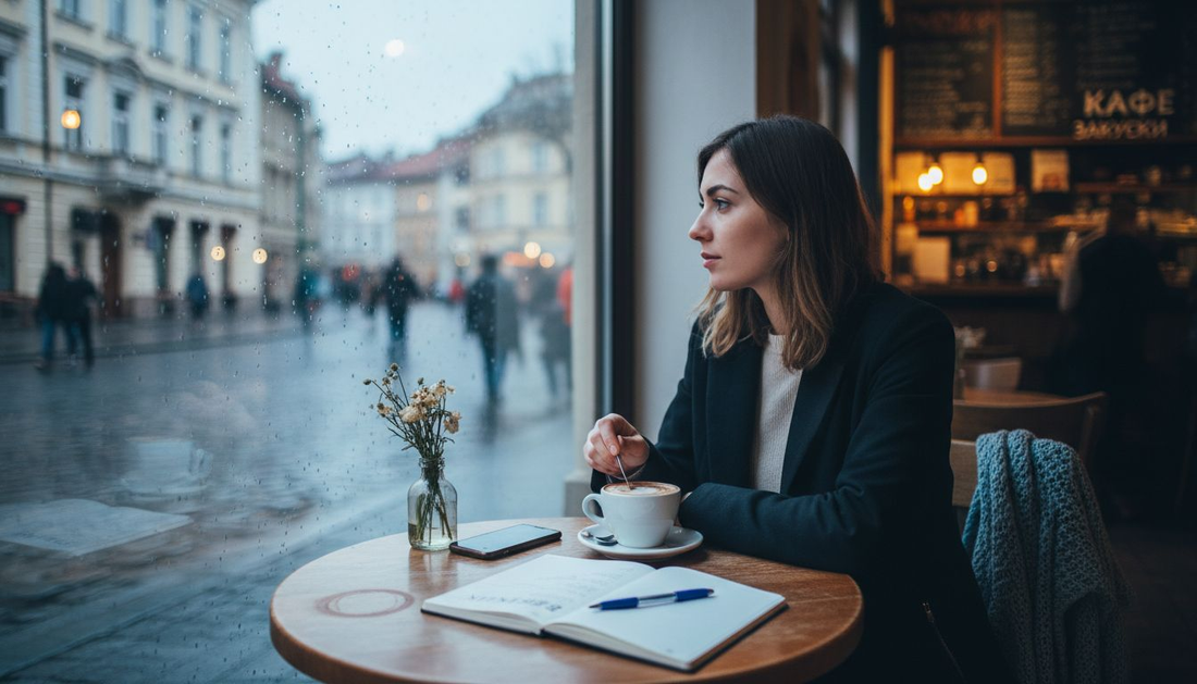 Жена се наслаждава на сутрешното си кафе в градско кафене – началото на един нов ден, изпълнен с настроение и спокойствие.