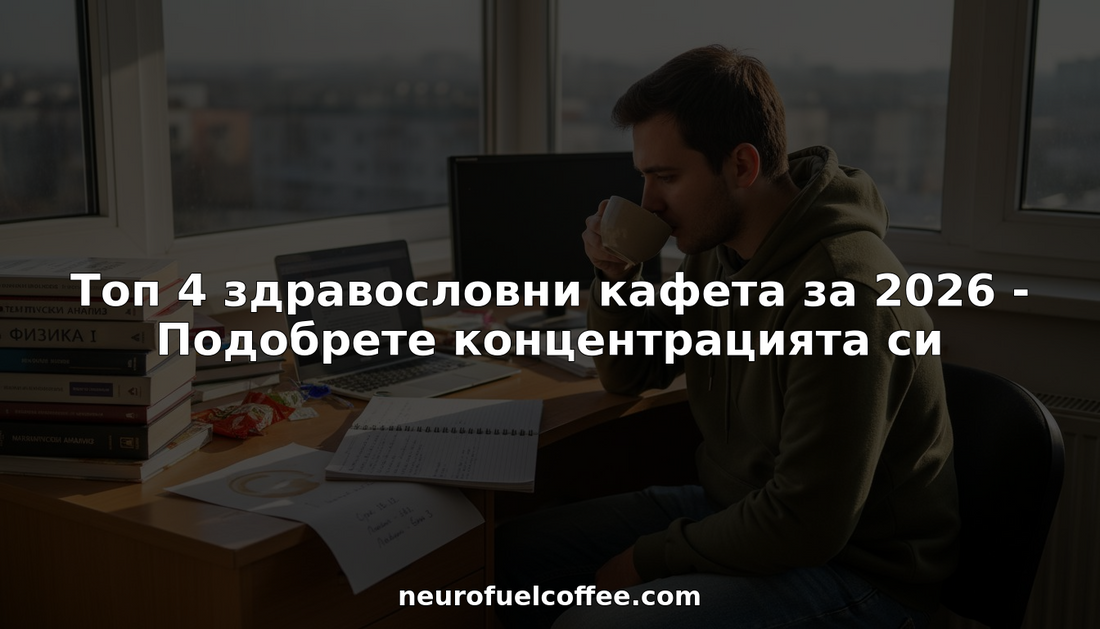 Студент се наслаждава на чаша здравословно кафе, докато работи на претрупаното си бюро.