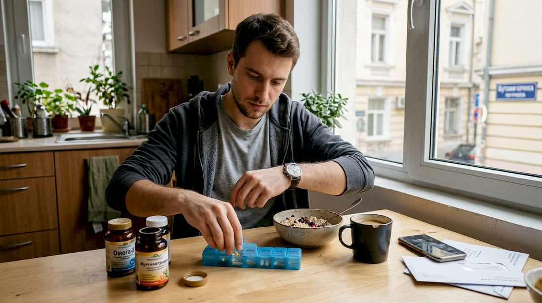 Мъж подрежда различни натурални хранителни добавки на кухненската маса.