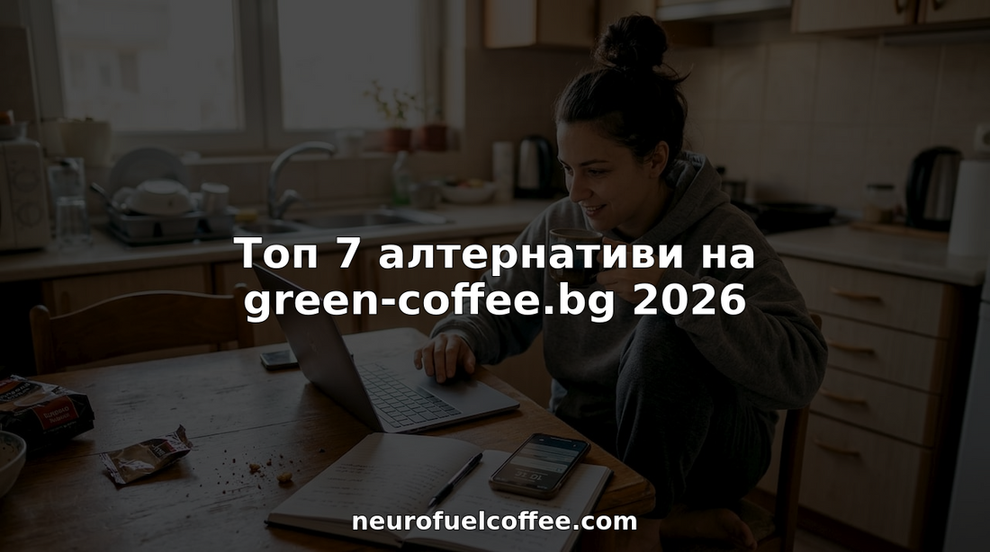 Млада жена работи на кухненската маса с чаша кафе до себе си.