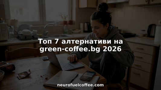 Млада жена работи на кухненската маса с чаша кафе до себе си.