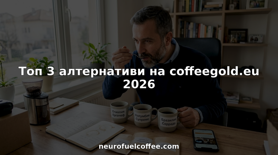 Мъж разглежда и сравнява различни видове премиум кафе, седнал на бюрото си.