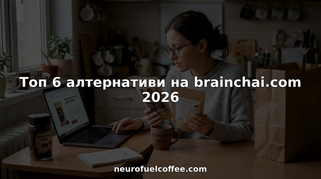 Жена изпитва различни напитки за концентрация, седнала на кухненската маса и сравнява ефекта им.