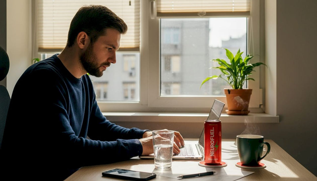 Мъж е съсредоточен върху работата си на лаптоп в светъл домашен офис.