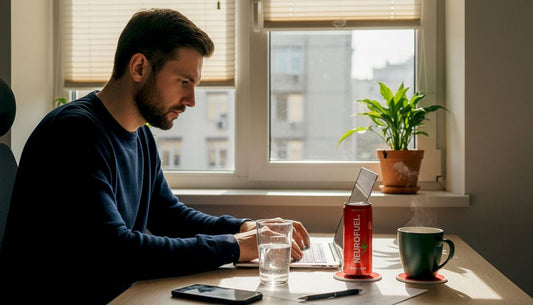 Мъж е съсредоточен върху работата си на лаптоп в светъл домашен офис.