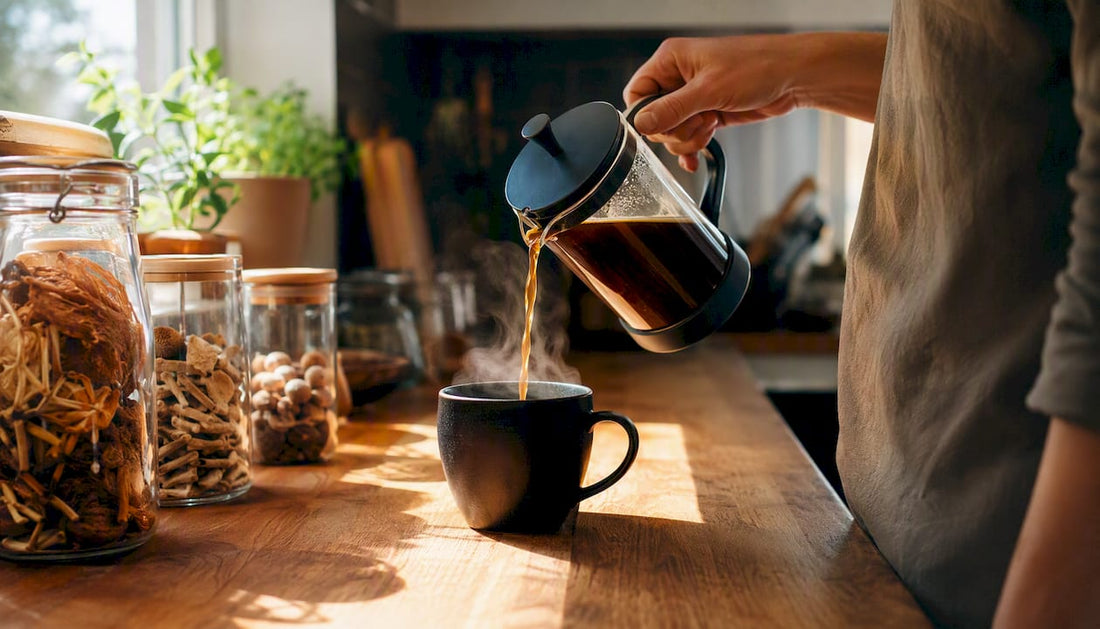 Ръка налива ароматно кафе от кана в чаша.