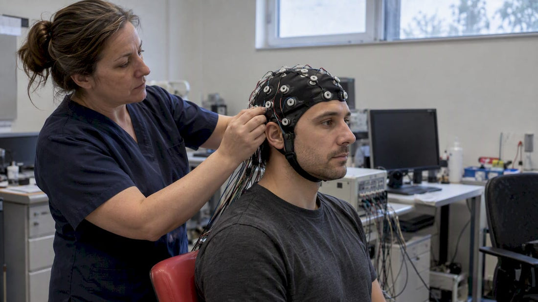Участник с EEG шапка в лабораторията